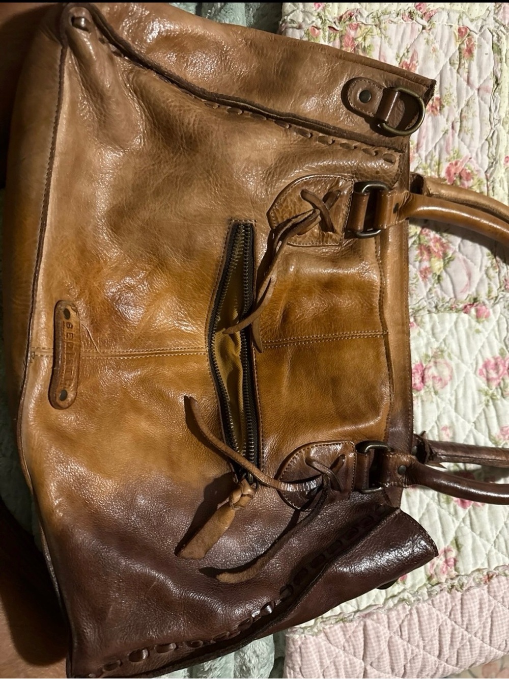 Bed Stu Two-Tone Tan and Dark Brown Leather Shoulder Bag
